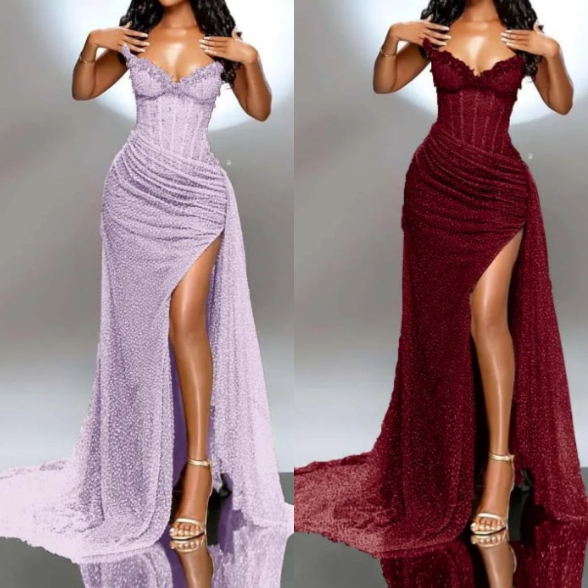 Elegant Strapless Shiny Beaded Sequin Long Prom Dresses Formal Evening Dresses With Slit ED01240