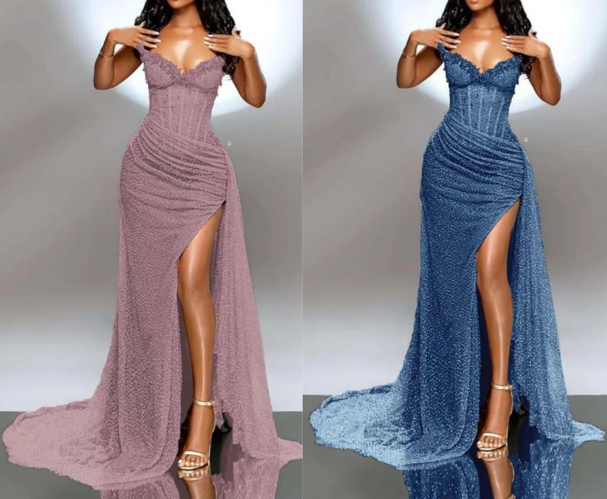 Elegant Strapless Shiny Beaded Sequin Long Prom Dresses Formal Evening Dresses With Slit ED01240