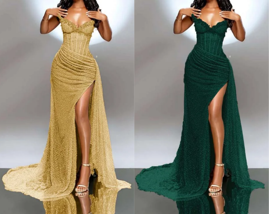 Elegant Strapless Shiny Beaded Sequin Long Prom Dresses Formal Evening Dresses With Slit ED01240