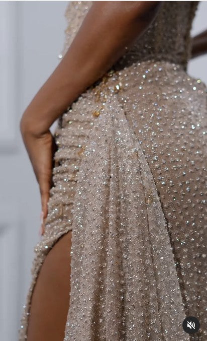 Elegant Strapless Shiny Beaded Sequin Long Prom Dresses Formal Evening Dresses With Slit ED01240
