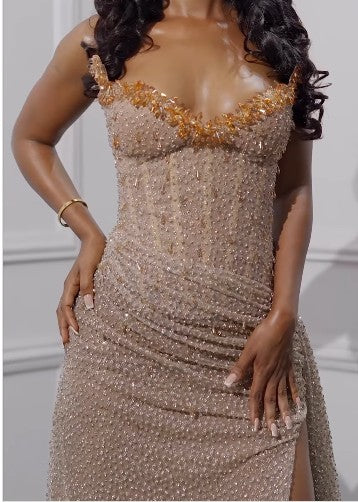 Elegant Strapless Shiny Beaded Sequin Long Prom Dresses Formal Evening Dresses With Slit ED01240
