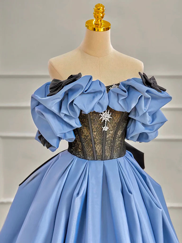 A-Line Off Shoulder Satin Blue Long Prom Dress, Blue Long Formal Dress ED01247