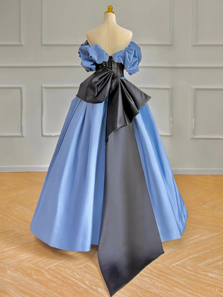 A-Line Off Shoulder Satin Blue Long Prom Dress, Blue Long Formal Dress ED01247