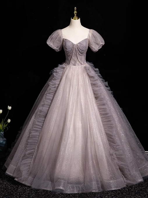 Robe de bal longue violette en tulle à paillettes et col en V, coupe trapèze, robe de soirée violette ED01249