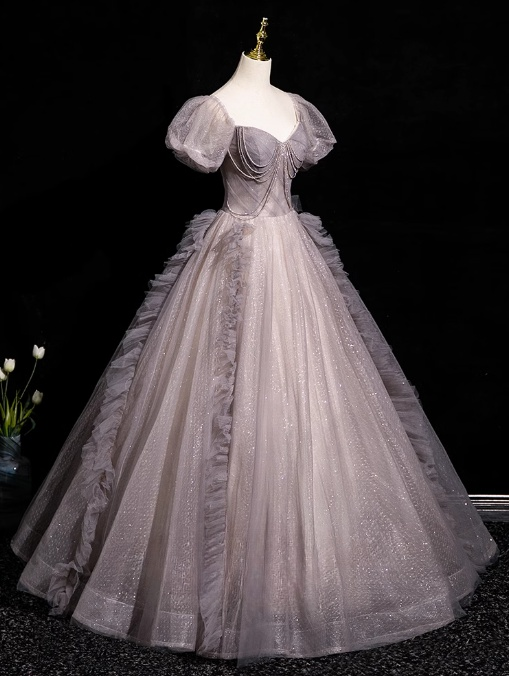 Robe de bal longue violette en tulle à paillettes et col en V, coupe trapèze, robe de soirée violette ED01249