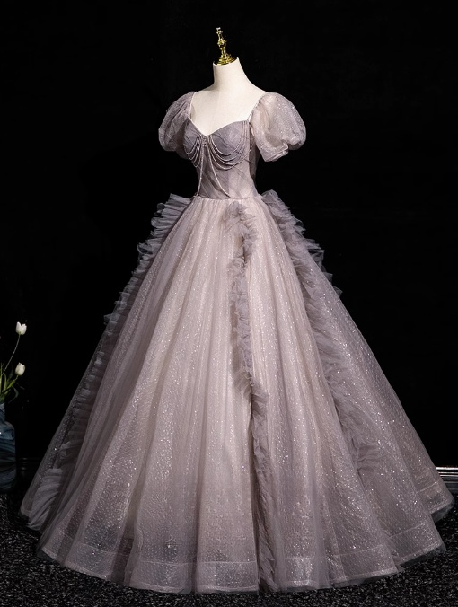 Purple A-line V-neck Tulle Sequin Long Prom Dress, Purple Formal Dress ED01249