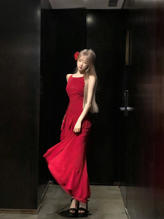 French Burgundy A-line suspender dress ED01253