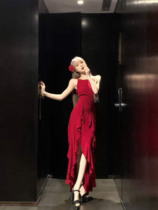 French Burgundy A-line suspender dress ED01253