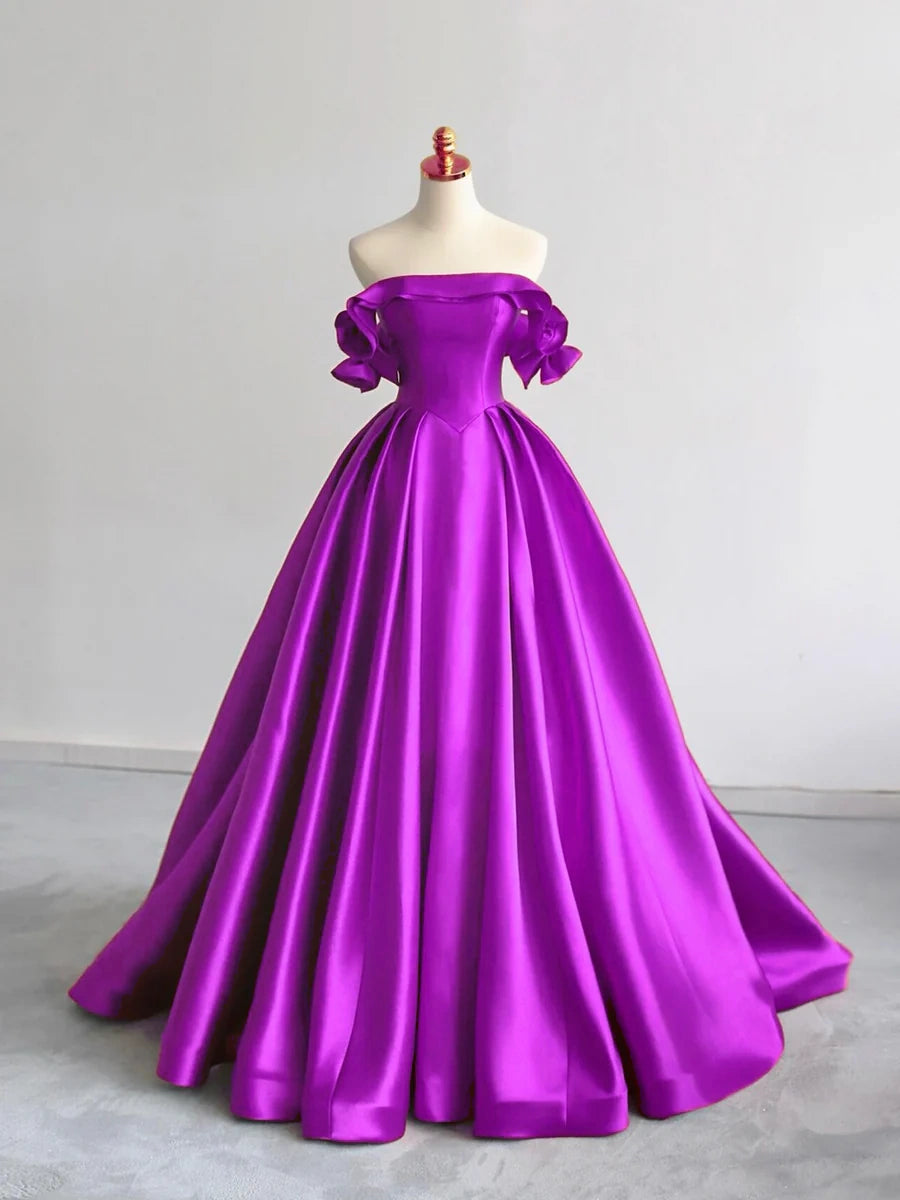 A-Line Off Shoulder Satin Dark Blue Long Prom Dress, Dark Blue Long Formal Dress ED01256
