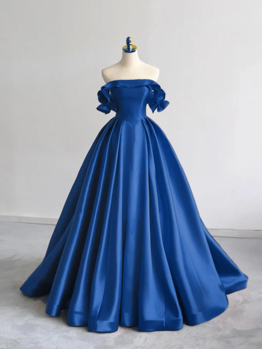 A-Line Off Shoulder Satin Dark Blue Long Prom Dress, Dark Blue Long Formal Dress ED01256