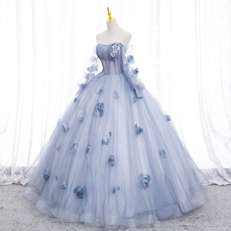 A-Line Off Shoulder Tulle Long Prom Dress, Sweet Long Formal Dress ED01257