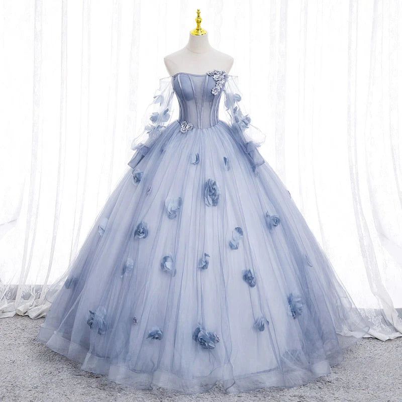 A-Line Off Shoulder Tulle Long Prom Dress, Sweet Long Formal Dress ED01257