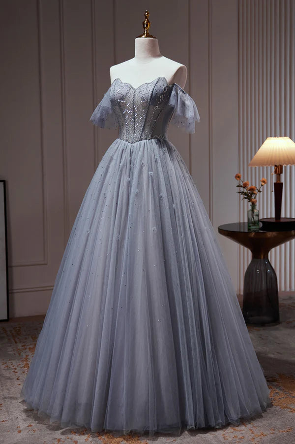 A-Line Tulle Dusty Blue Long Prom Dress, Dusty Blue Formal Dress ED01262