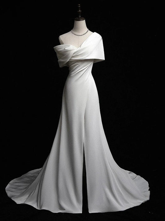 Robe de bal longue en satin blanc, coupe trapèze, simple, robe de soirée longue blanche ED01263