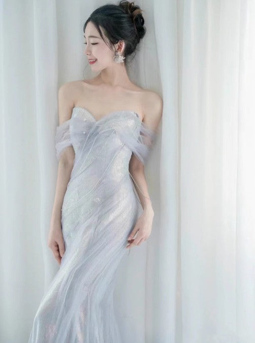 Purple Sweetheart Sequin Mermaid Gown Beaded Long Prom Dress Tulle Train Evening Gown