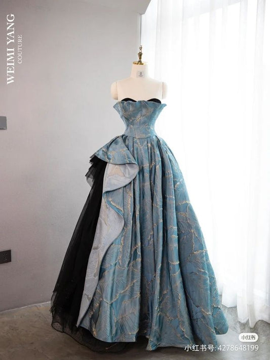 Robe de bal longue en tulle noir, coupe trapèze, sans bretelles, bleue, robe de soirée formelle ED01265