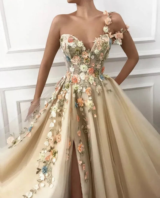 3D Blumen A-Linie Ballkleider ein Schultergurt Spitze Applikationen Abendkleid ED01267