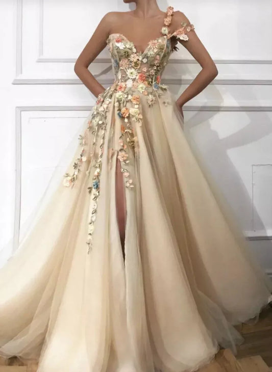 3D Blumen A-Linie Ballkleider ein Schultergurt Spitze Applikationen Abendkleid ED01267