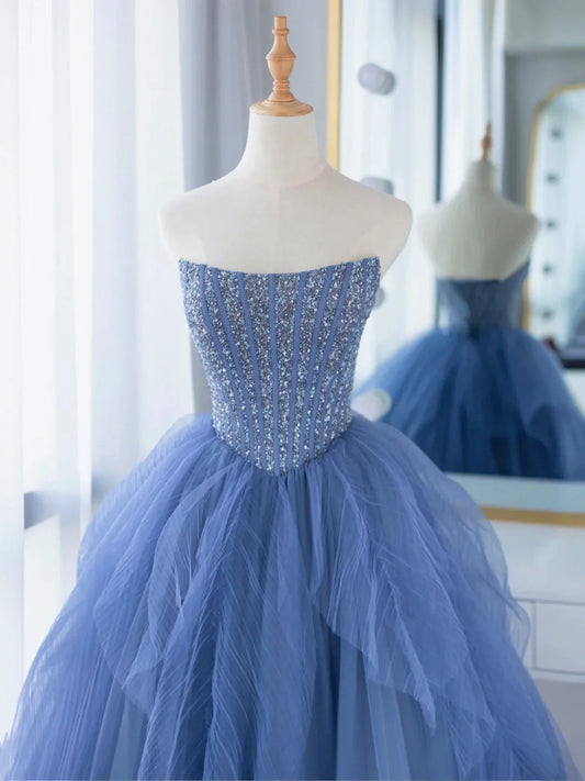 Wunderschönes A-Linien-Ballkleid in Blau, trägerlos, Tüll, Pailletten, lang, ED01269