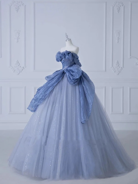A-Linie, schulterfrei, langes Ballkleid aus Tüll mit Pailletten, staubblaues Abendkleid ED01272