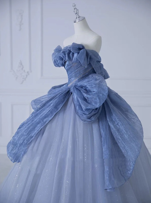 A-line Off-Shoulder Tulle Sequins Long Prom Dress, Dusty Blue Formal Dress ED01272