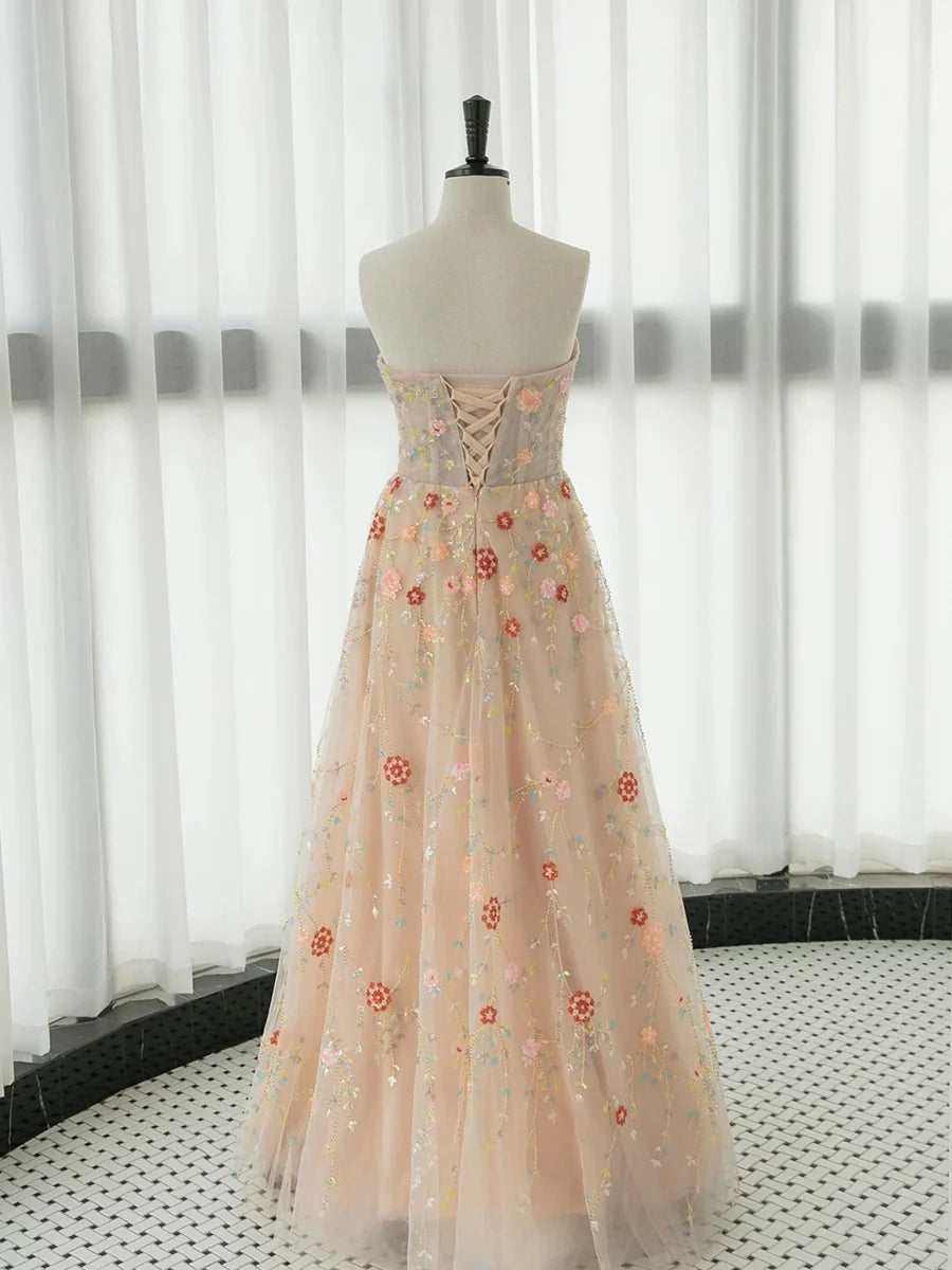 Robe de bal longue en tulle et dentelle rose champagne, coupe trapèze, manches longues, ED01281