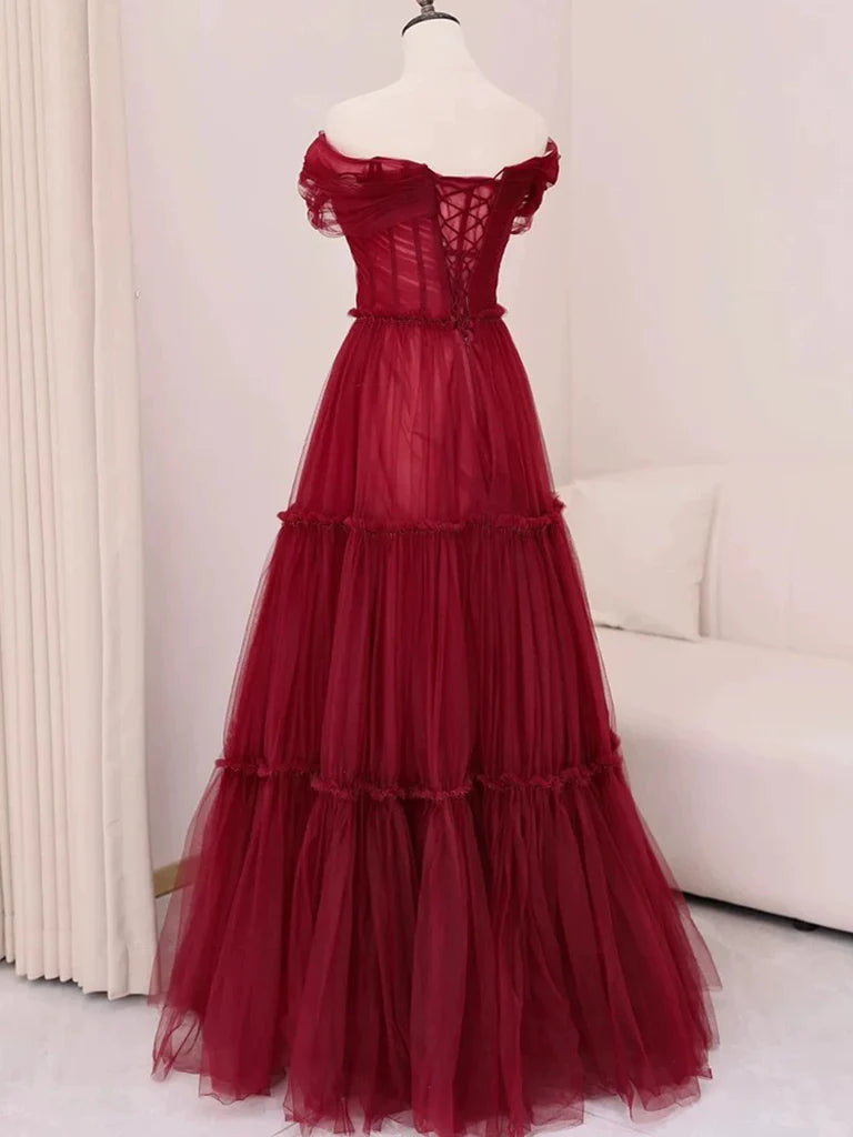 Burgundy A-Line Off Shoulder Tulle Long Prom Dress, Burgundy Long Evening Dress ED01283