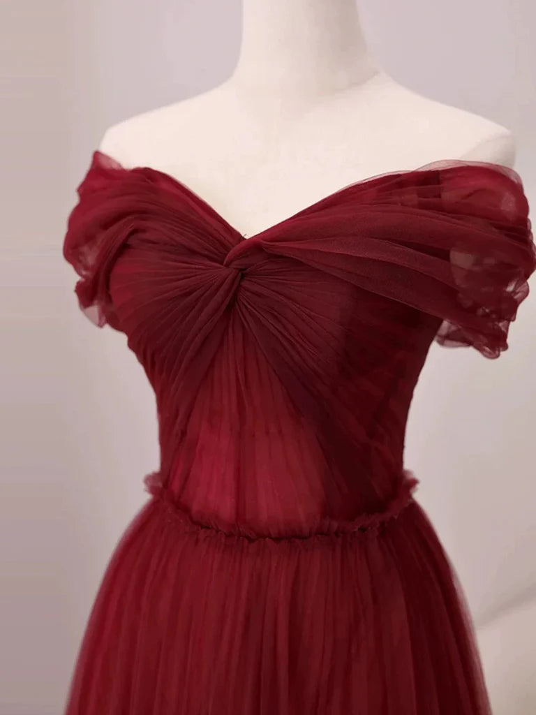 Burgundy A-Line Off Shoulder Tulle Long Prom Dress, Burgundy Long Evening Dress ED01283