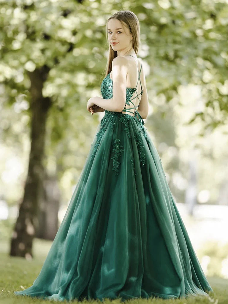 Robe de bal longue vert foncé coupe trapèze en tulle et dentelle, dos nu, robe de soirée longue verte ED01285