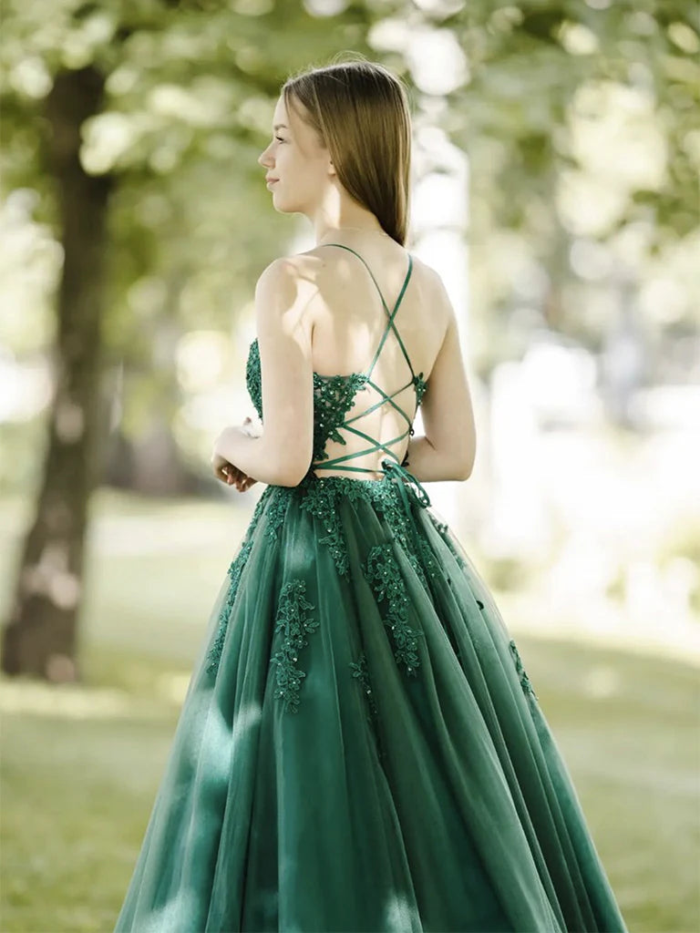 Robe de bal longue vert foncé coupe trapèze en tulle et dentelle, dos nu, robe de soirée longue verte ED01285