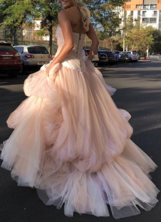 Robe de bal longue en tulle rose clair, robe de soirée en tulle rose ED01288