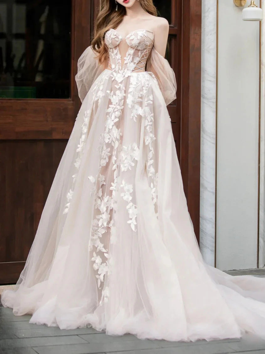 Champagnerfarbenes langes Ballkleid aus Spitzentüll, Champagnerfarbenes Hochzeitskleid ED01289