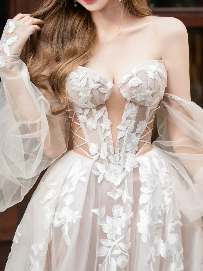 Champagnerfarbenes langes Ballkleid aus Spitzentüll, Champagnerfarbenes Hochzeitskleid ED01289