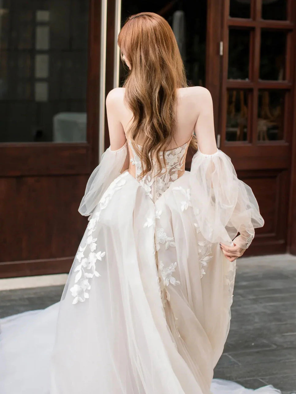 Champagnerfarbenes langes Ballkleid aus Spitzentüll, Champagnerfarbenes Hochzeitskleid ED01289