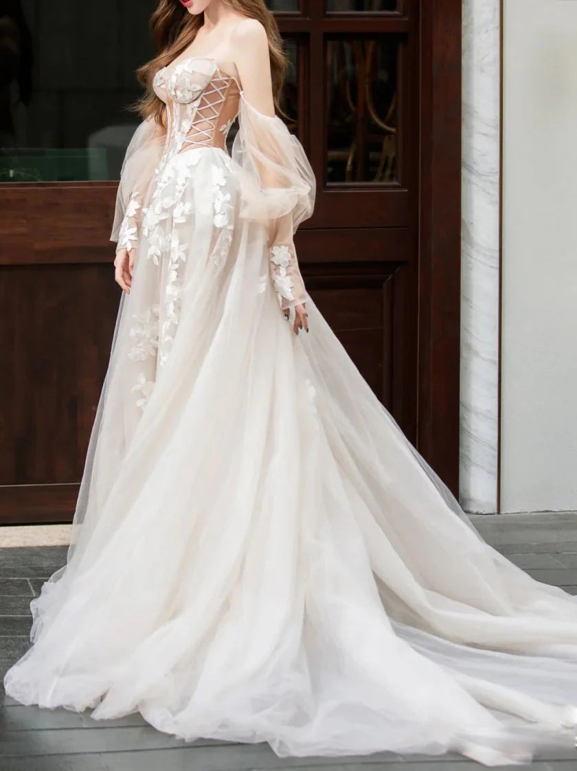 Champagnerfarbenes langes Ballkleid aus Spitzentüll, Champagnerfarbenes Hochzeitskleid ED01289