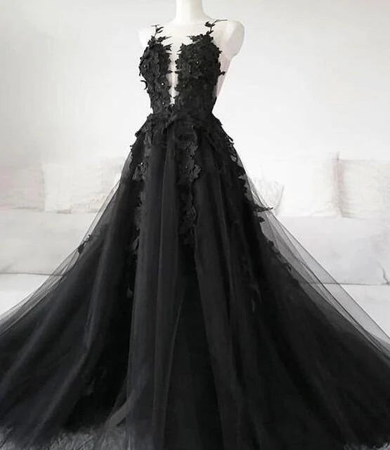 Schwarzes A-Linien-Brautkleid mit Tüllspitze und Applikationen, ärmellos, rückenfrei, Schleppe ED01292