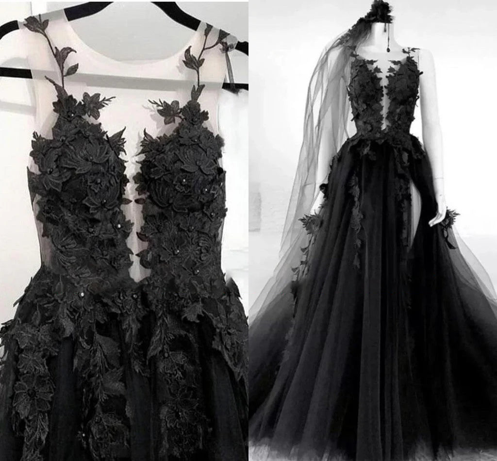 Schwarzes A-Linien-Brautkleid mit Tüllspitze und Applikationen, ärmellos, rückenfrei, Schleppe ED01292