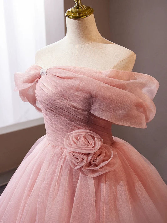 A-Line Off Shoulder Tulle Pink Long Prom Dress, Pink Long Formal Dress ED013