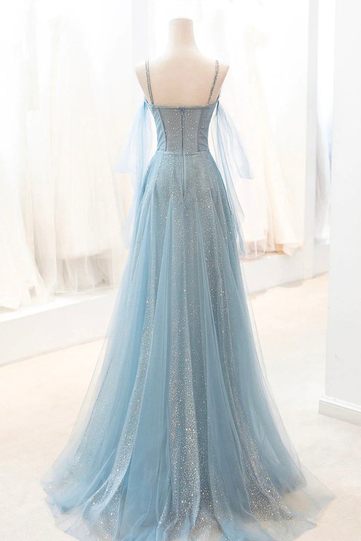 Dusty Blue Sparkly Tulle Long Prom Dress, A-Line Spaghetti Strap Evening Dress ED01304