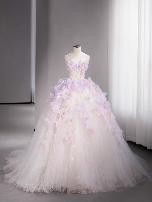 A-Linie Tüll Pailletten Langes Ballkleid, Trägerloses Rosa und Lila Dreidimensionales Blumen Brautkleid ED01316