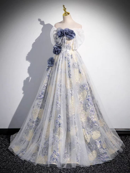 A-Linie, schulterfrei, Tüll, dreidimensionales Blumenmuster, langes Ballkleid, dunkelviolettes Abendkleid ED01320