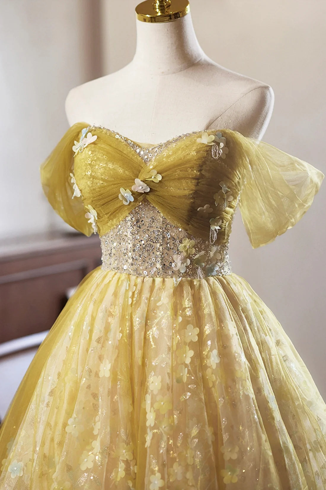 Yellow Floral Tulle Knee Length Prom Dress, A-Line Off the Shoulder Homecoming Dress ED01324