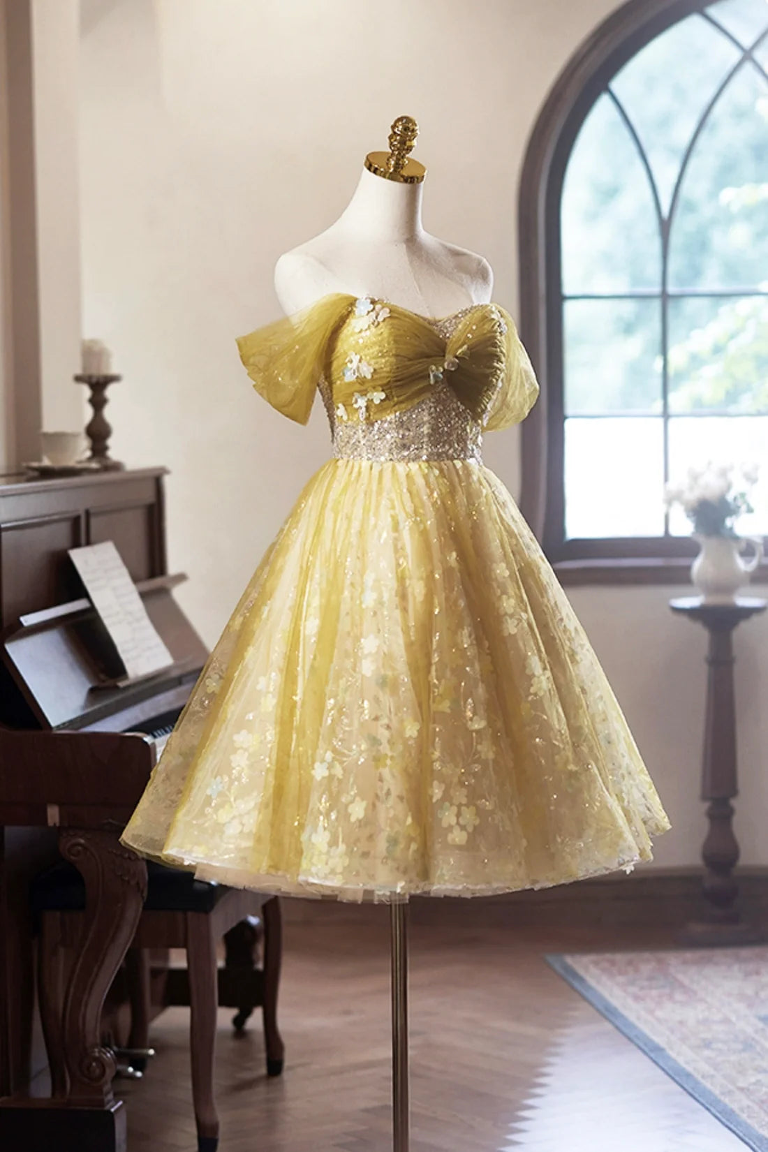 Yellow Floral Tulle Knee Length Prom Dress, A-Line Off the Shoulder Homecoming Dress ED01324