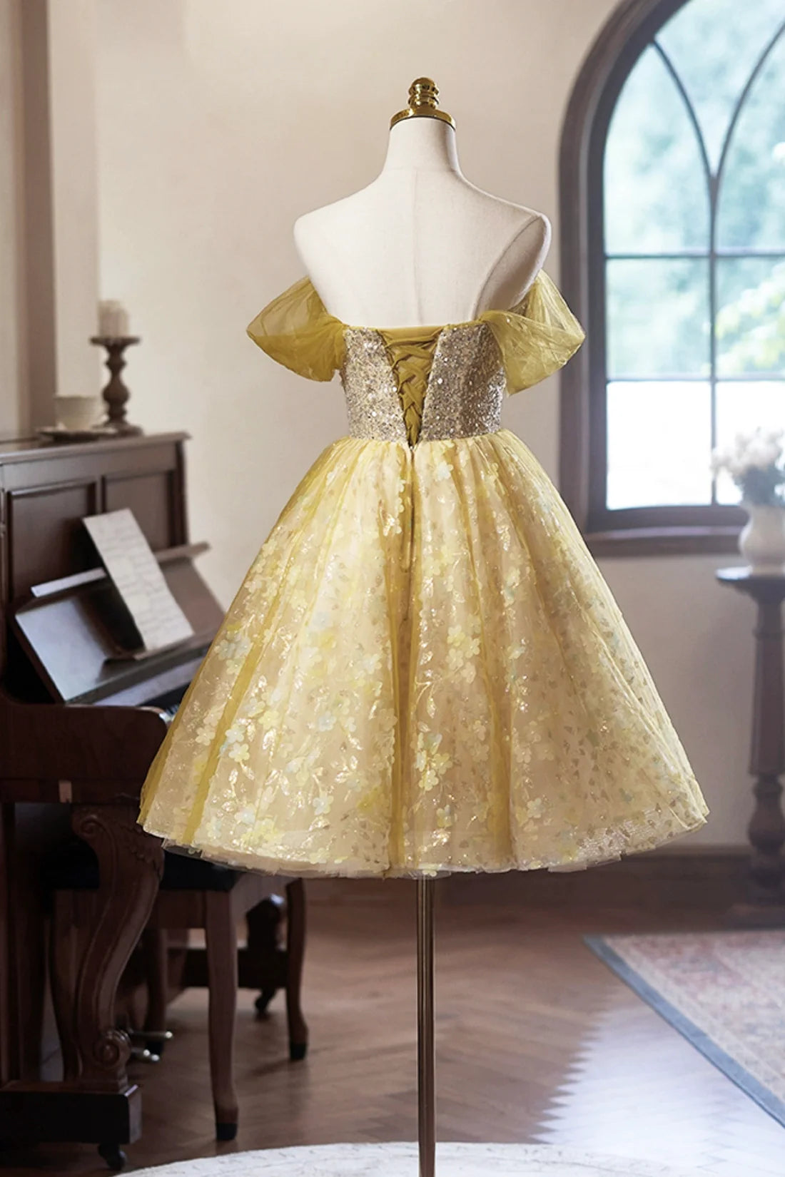 Yellow Floral Tulle Knee Length Prom Dress, A-Line Off the Shoulder Homecoming Dress ED01324