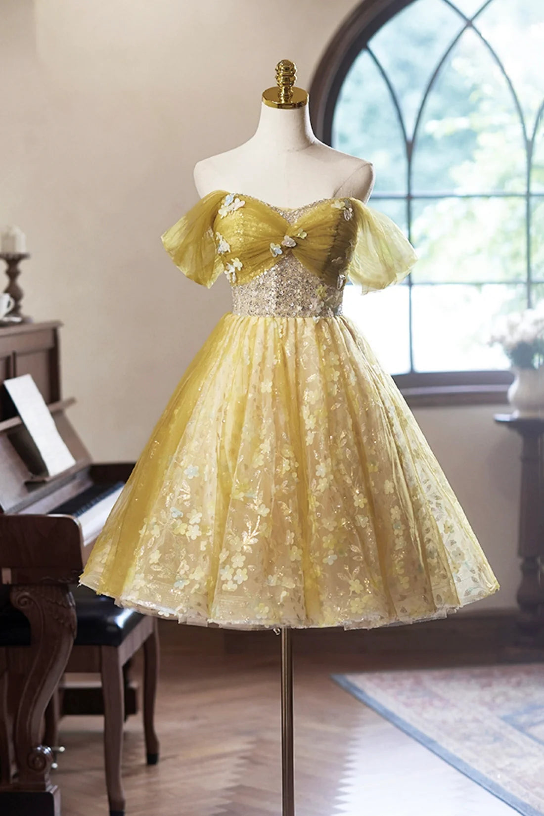 Yellow Floral Tulle Knee Length Prom Dress, A-Line Off the Shoulder Homecoming Dress ED01324