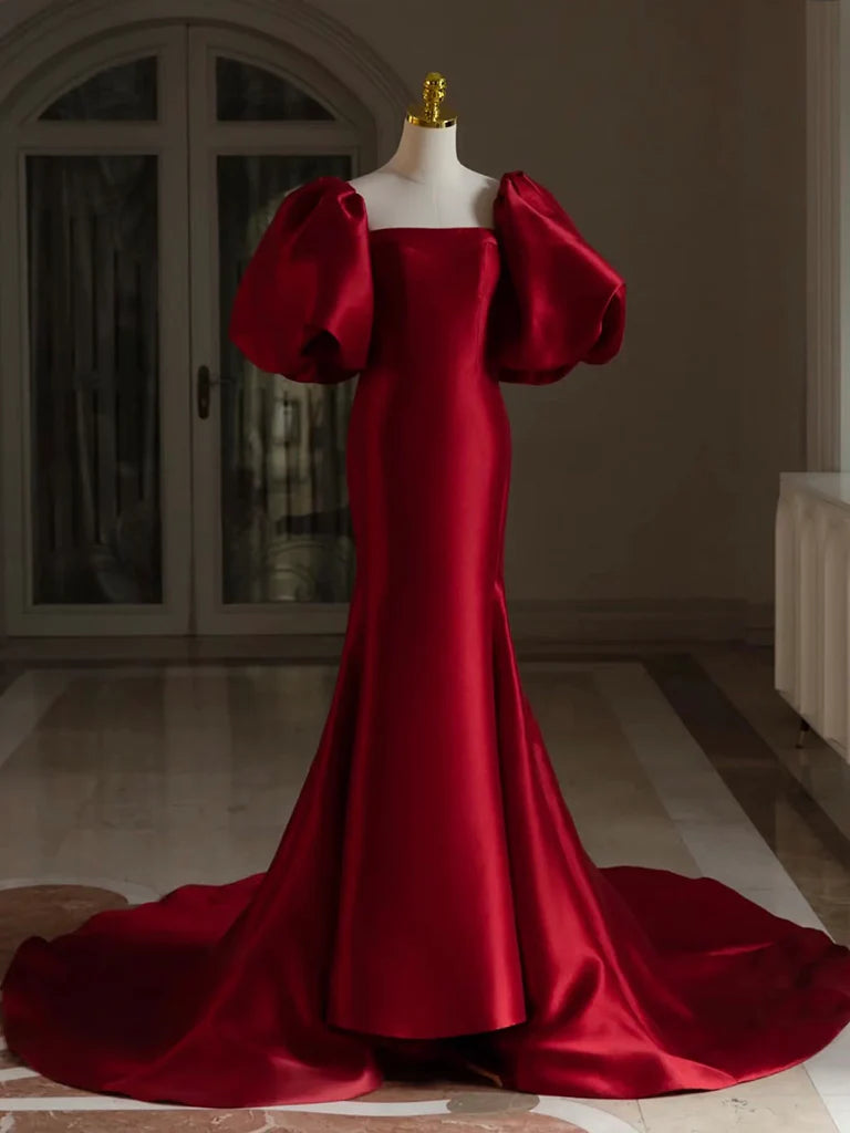 Burgundy Mermaid Puff Sleeves Satin Burgundy Long Prom Dress, Burgundy Long Formal Dress ED01332