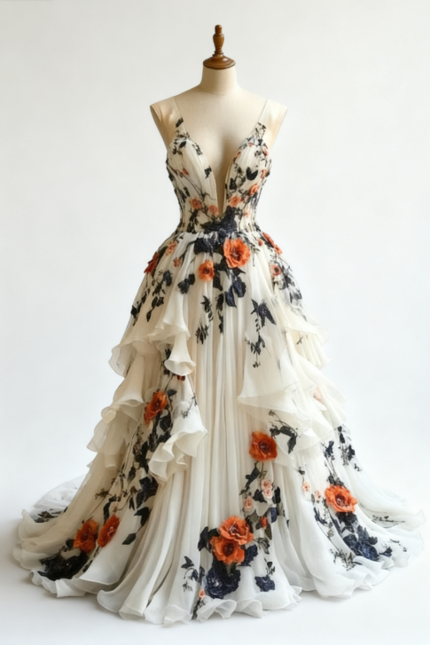 💫Fairytale A-line Wedding Dress 🌸Chiffon 3D Applique Evening Dress ED01337