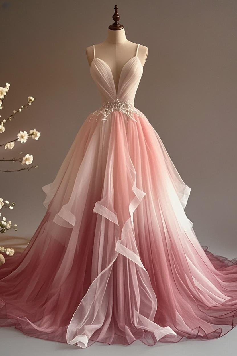 Elegant A-Line V-Neck Tulle Applique Long Prom Dress, Spaghetti Strap Vintage Evening Dress ED01339