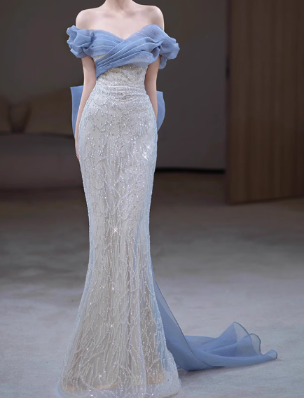 Mermaid Off Shoulder Tulle Sequin Long Prom Dress, Elegant Evening Gown ED01343