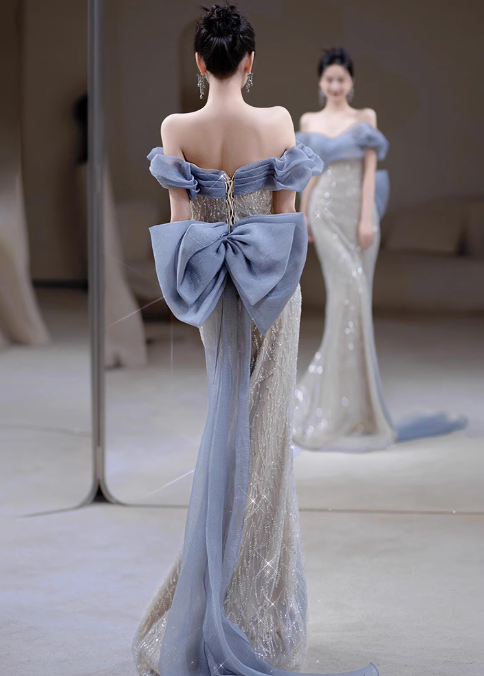 Mermaid Off Shoulder Tulle Sequin Long Prom Dress, Elegant Evening Gown ED01343